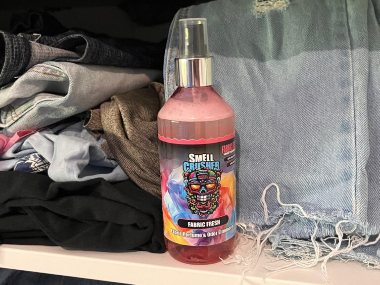 Smell Crusher Fabric Fresh fabric spray in a clothes closet against sweat smell