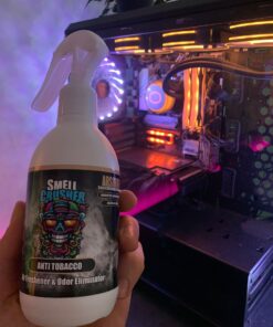 Smell Crusher Anti Tobacco Absorber Spray odor eliminator in front of a gaming PC