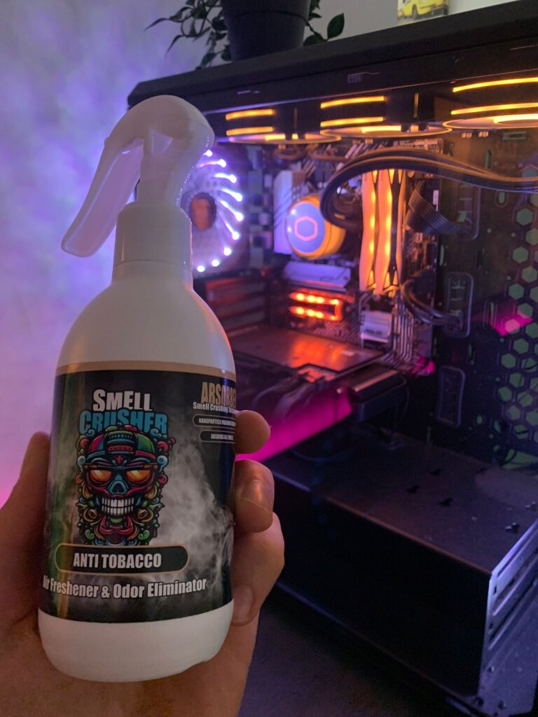 Smell Crusher Anti Tobacco Absorber Spray odor eliminator in front of a gaming PC