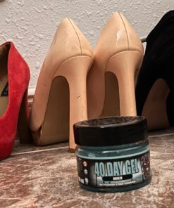Smell Crusher 40 Day Gel air freshener next to shoes in a shoe closet