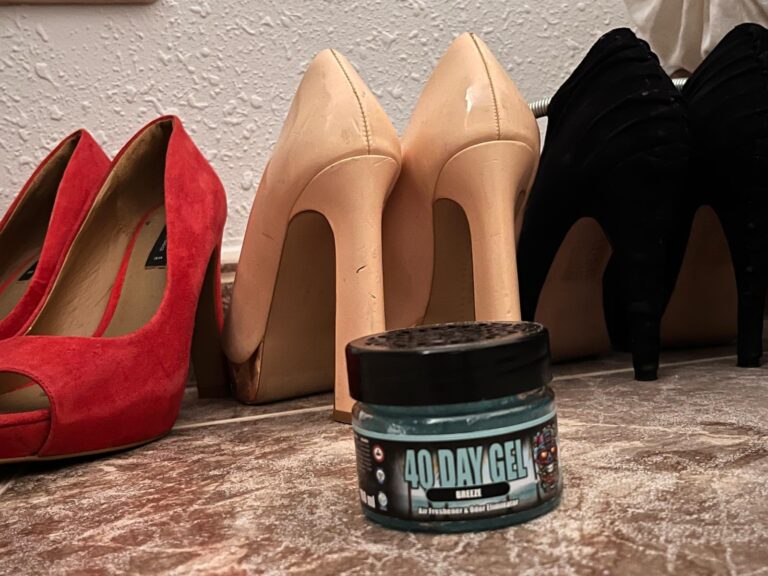 Smell Crusher 40 Day Gel air freshener next to shoes in a shoe closet