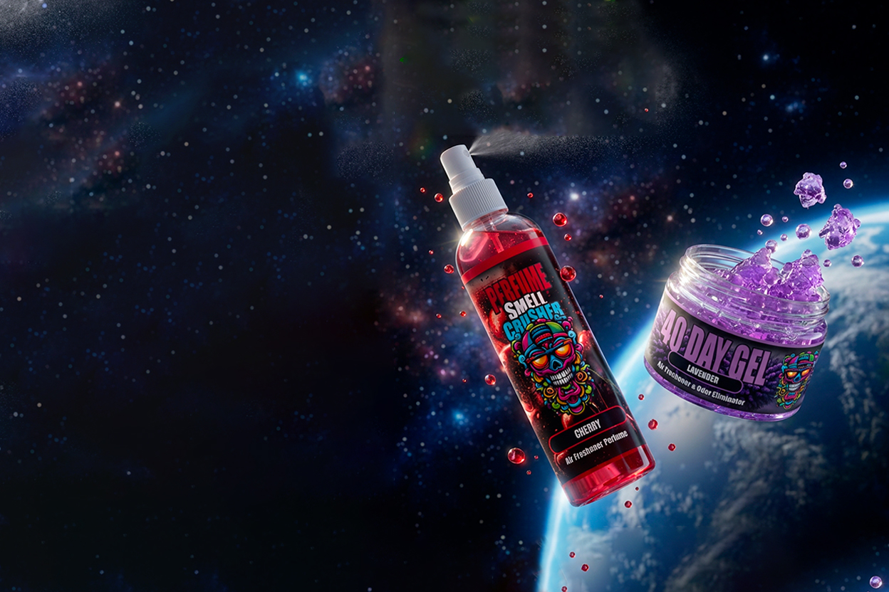 Smell Crusher Cherry Air Perfume room spray and Lavender 40 Day Gel odor eliminator floating above the earth