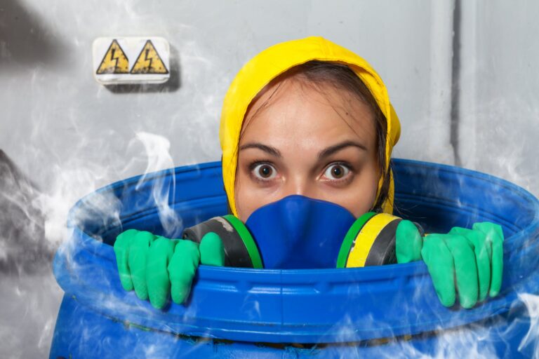 Odor alarm: woman in a gas mask peeking out of a smoking barrel – Smell Crusher