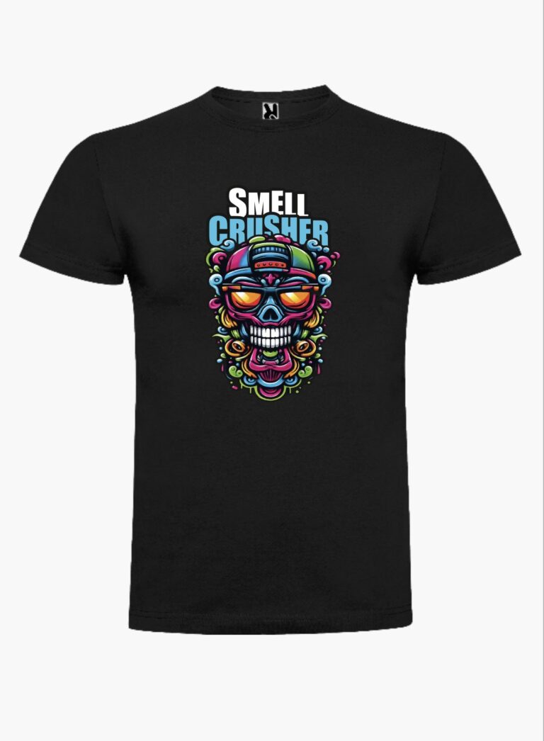 Black Smell Crusher t-shirt with full-colour skull logo print